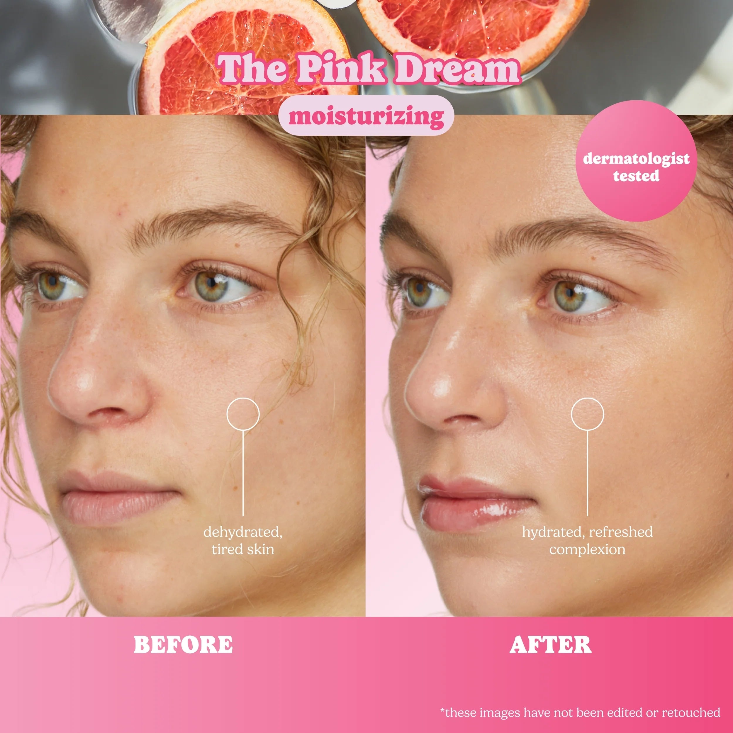 Before and after comparison of skin with 'The Pink Dream' moisturizing product on a pink background.