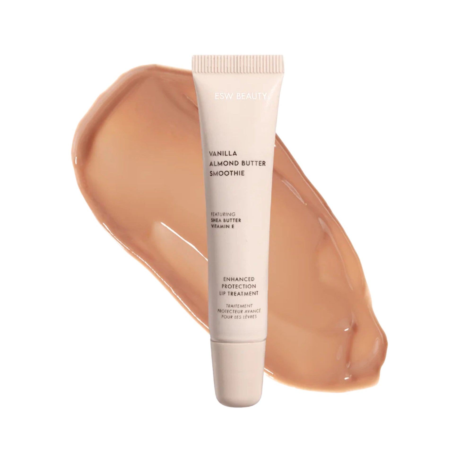 Vanilla Almond Butter Smoothie lip balm with a swatch of lip color on a white background