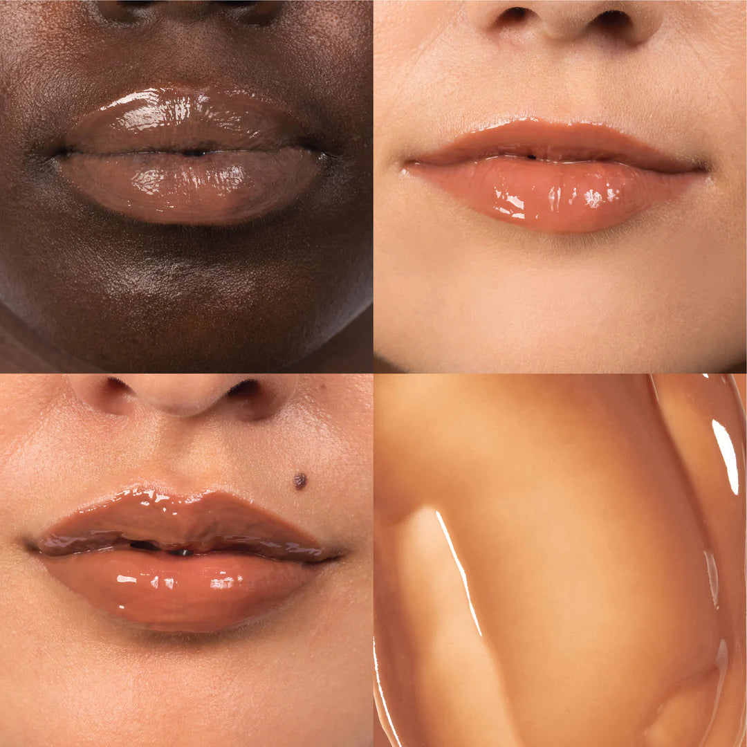 Collage of four close-up images of lips with different skin tones and a lip gloss sample.