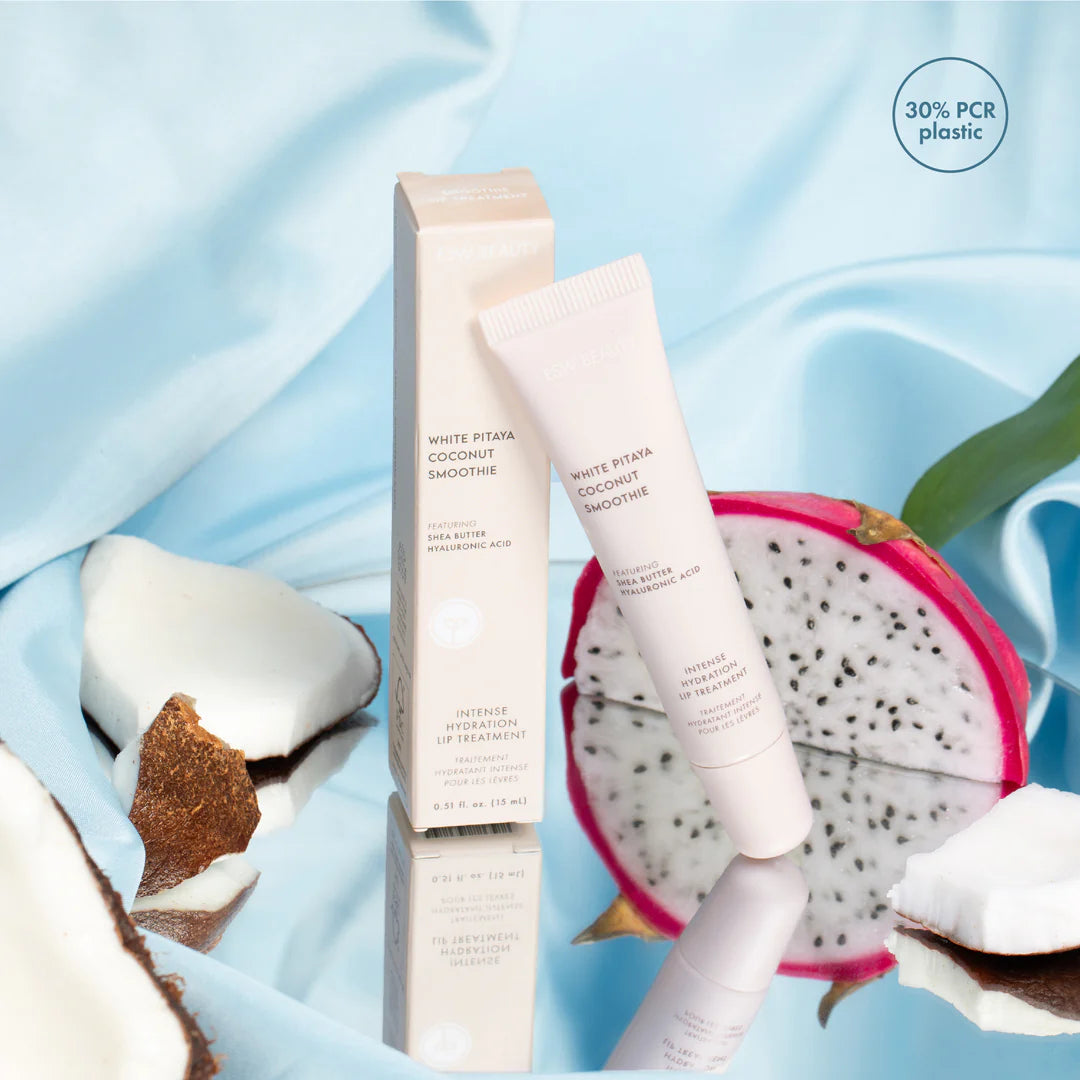 ESW Beauty White Pitaya Coconut Lip Treatment with packaging and fresh ingredients, highlighting clean hydration and shine available at The Pharmacy Lab