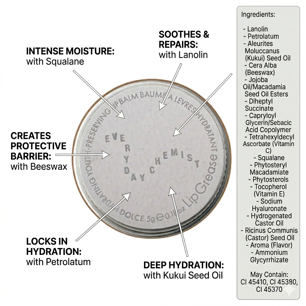 Lip balm container with labeled benefits and ingredients on a white background