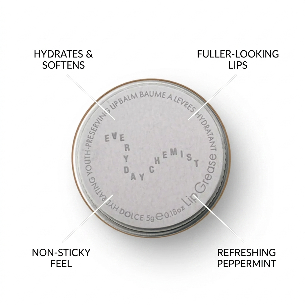 Lip balm container with text highlighting its benefits on a white background