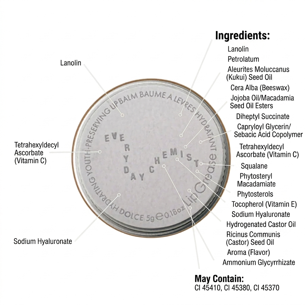 Lip balm container with labeled ingredients on a white background