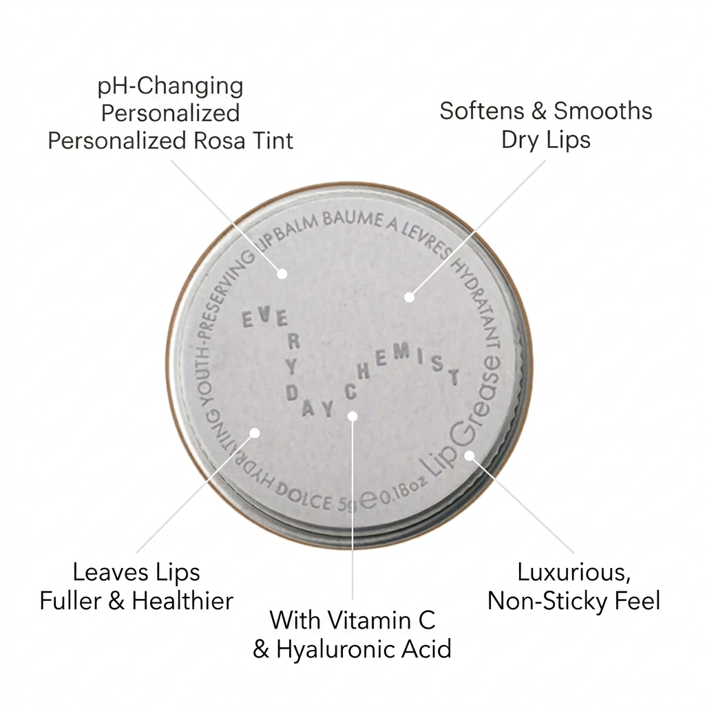 Lip balm container with text highlighting its benefits on a white background