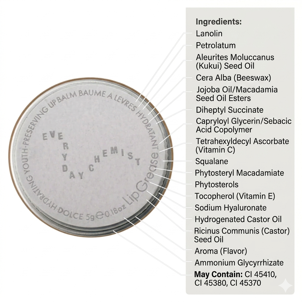 Lip balm container with ingredients list on a white background