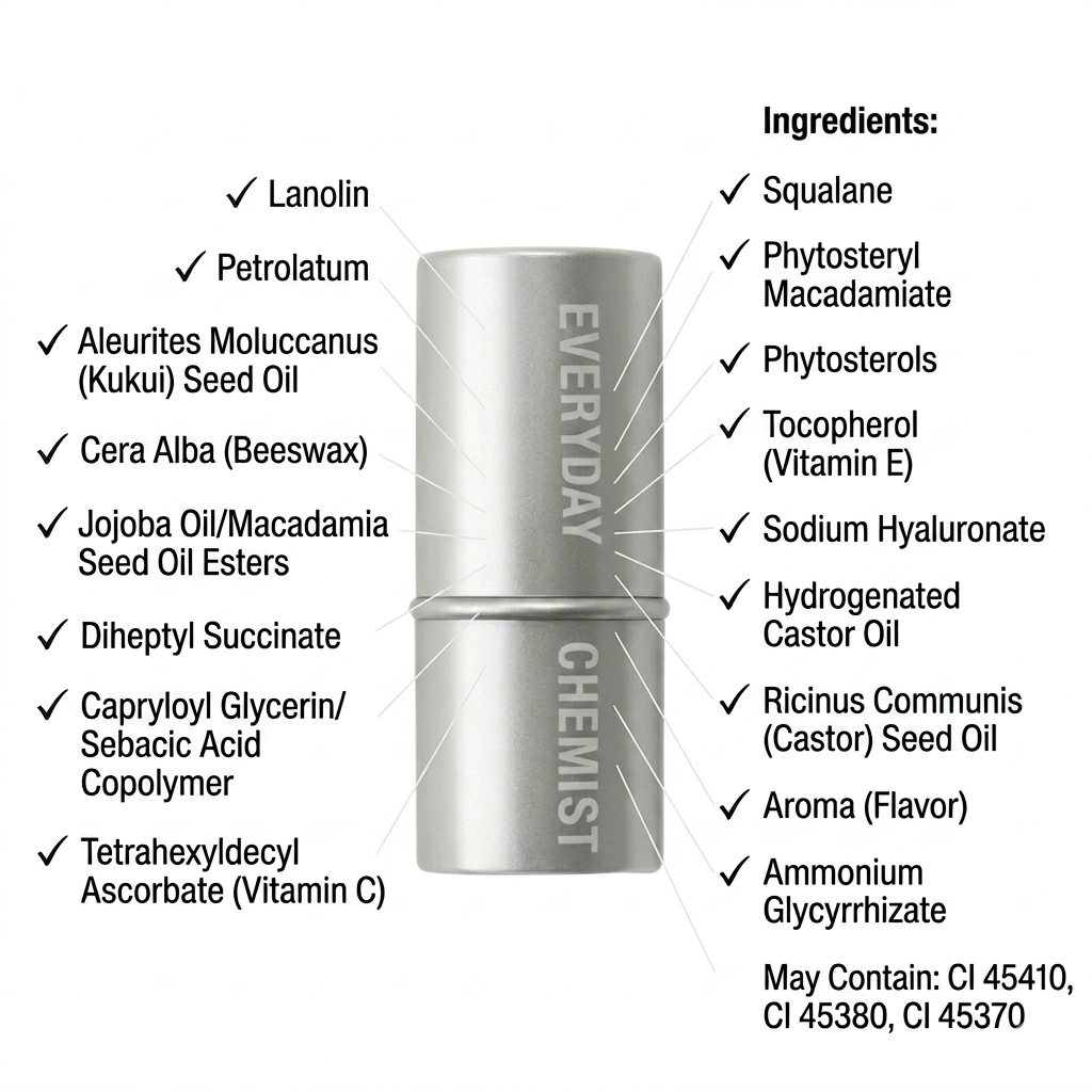 Silver tube labeled 'Everyday Chemist' with a list of ingredients on a white background