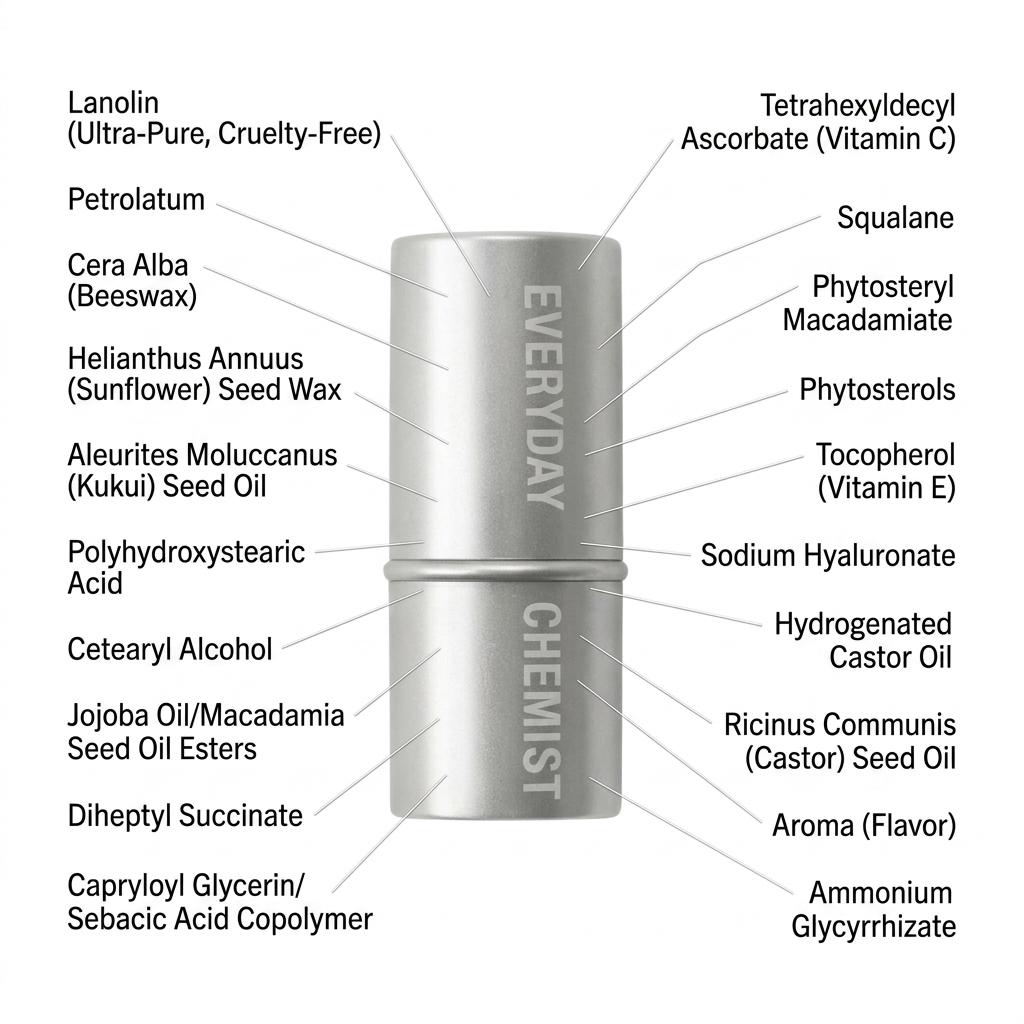 Silver tube labeled 'Everyday Chemist' with a list of ingredients on a white background