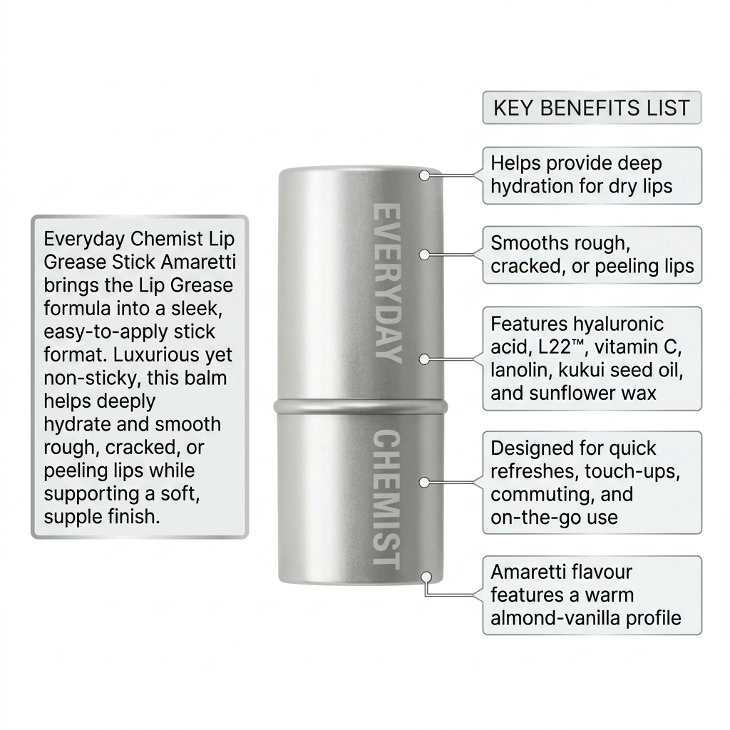 Everyday Chemist lip balm stick with key benefits listed on a white background
