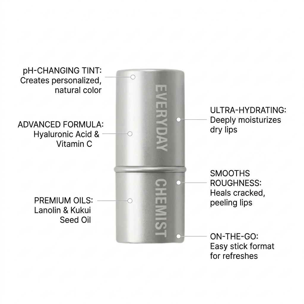 Silver lip balm container with features labeled on a white background