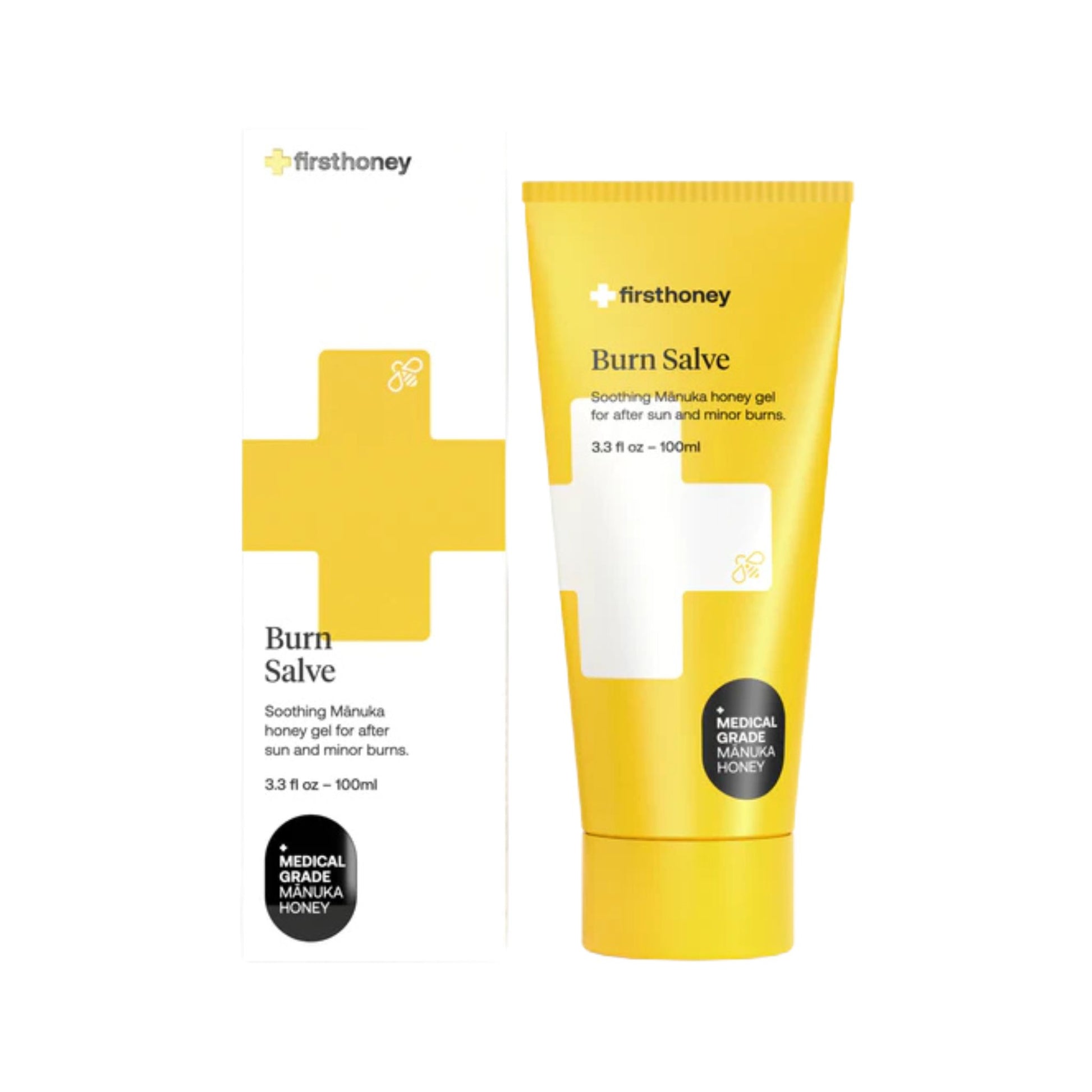 Yellow tube of 'firsthoney' burn salve on a white background