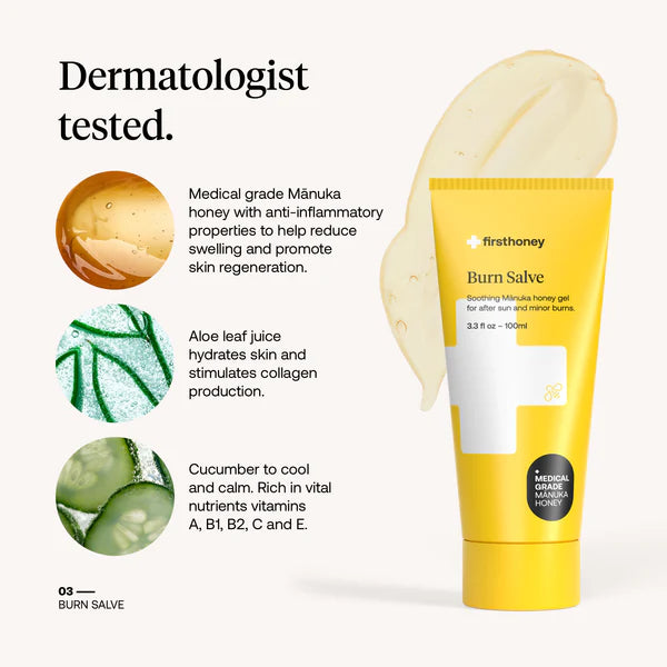 Yellow tube of 'firsthoney' burn salve on a white background