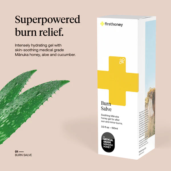 FirstHoney burn salve packaging with aloe vera leaf on a beige background