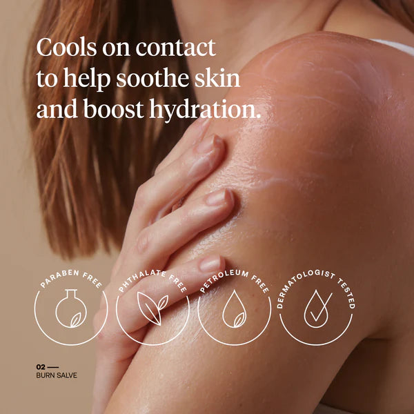 Close-up of skin with a hand gently touching it, featuring product benefits and ingredient information.