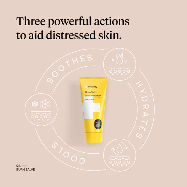 Yellow burn salve tube with text on a beige background