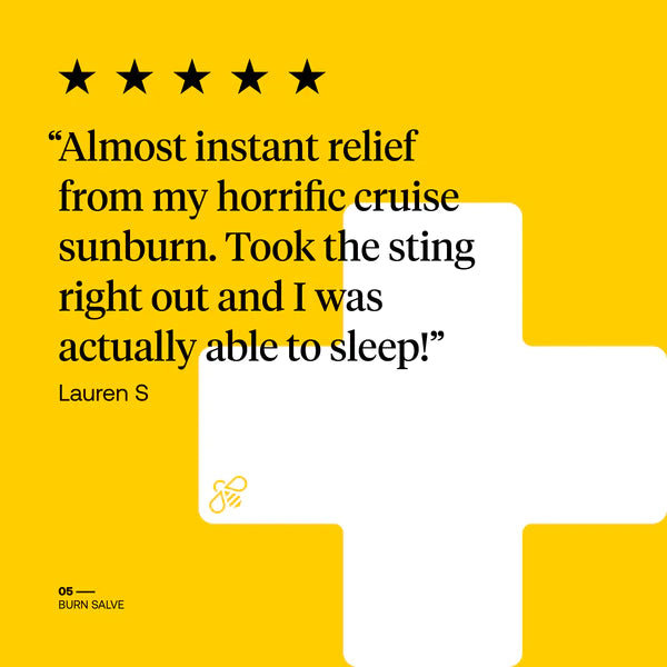 Product advertisement with a five-star rating, customer quote, and brand logo on a yellow background.