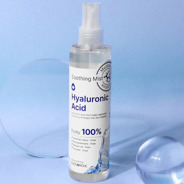 Hyaluronic acid mist spray bottle on a light blue background