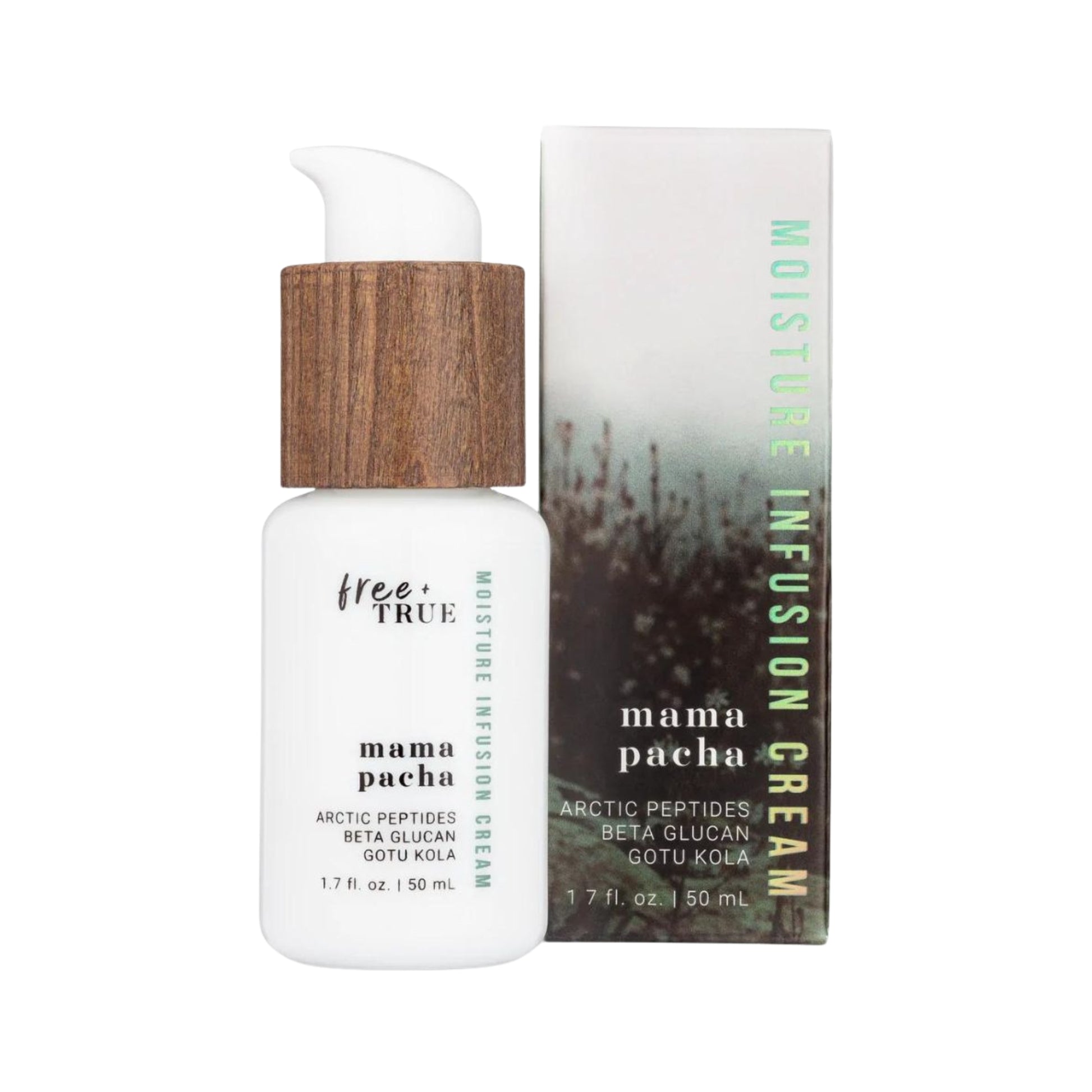 Mama Pacha moisture infusion cream bottle with wooden cap and packaging on a white background