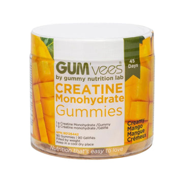 Jar of Gum'vees Creatine Monohydrate Gummies with creamy mango flavor on a white background