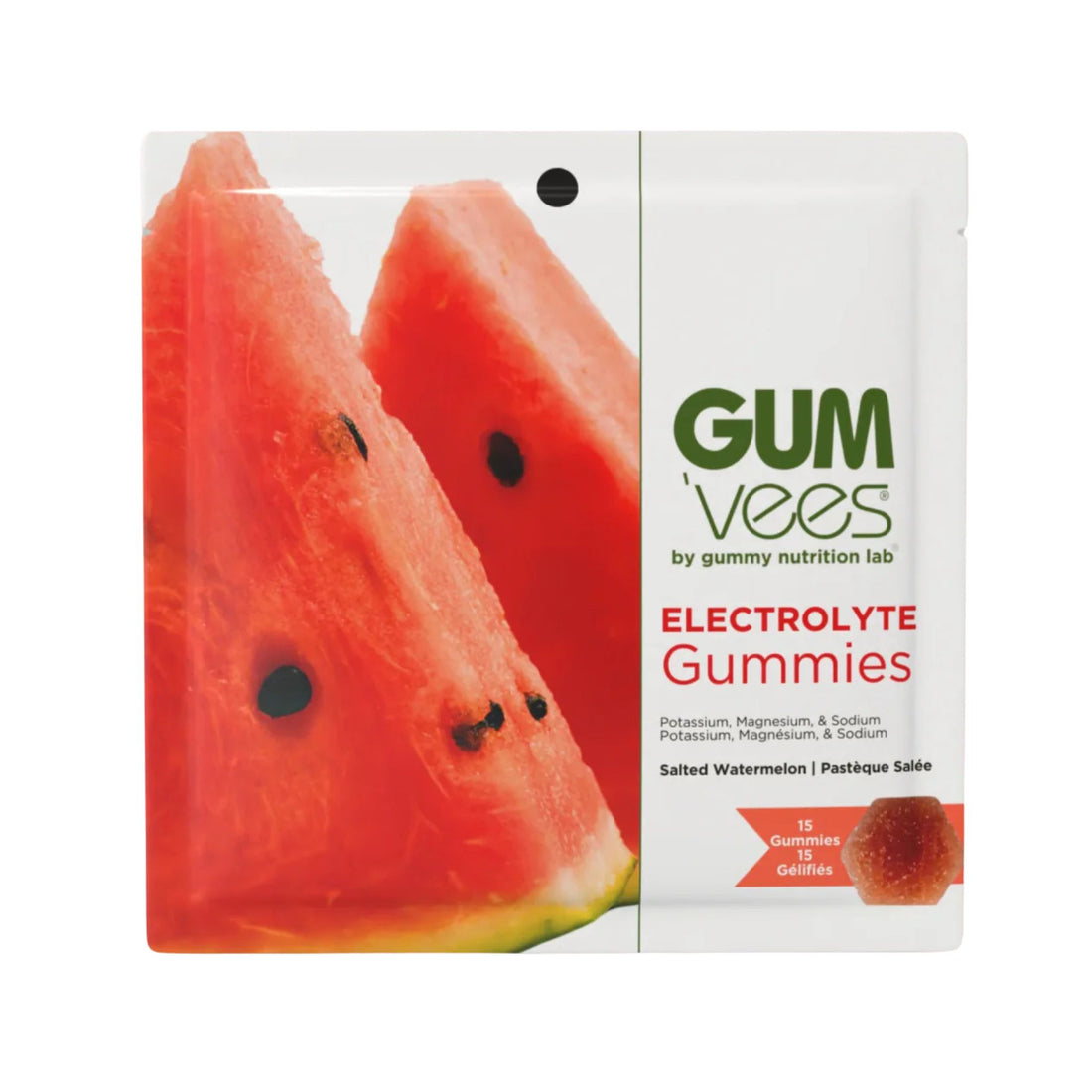 Packaging of Gum Vees electrolyte gummies with watermelon slices on a white background