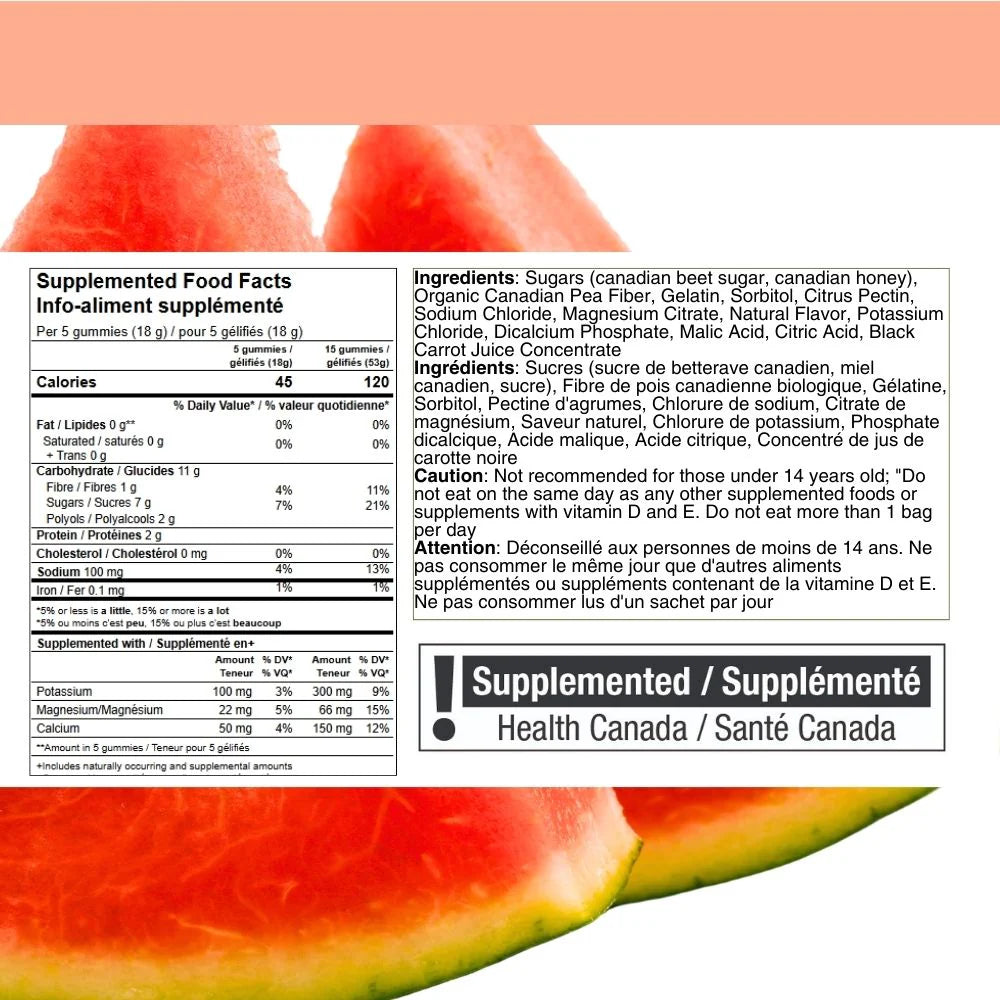 GUM'vees Salted Watermelon Electrolyte Gummies nutrition facts.