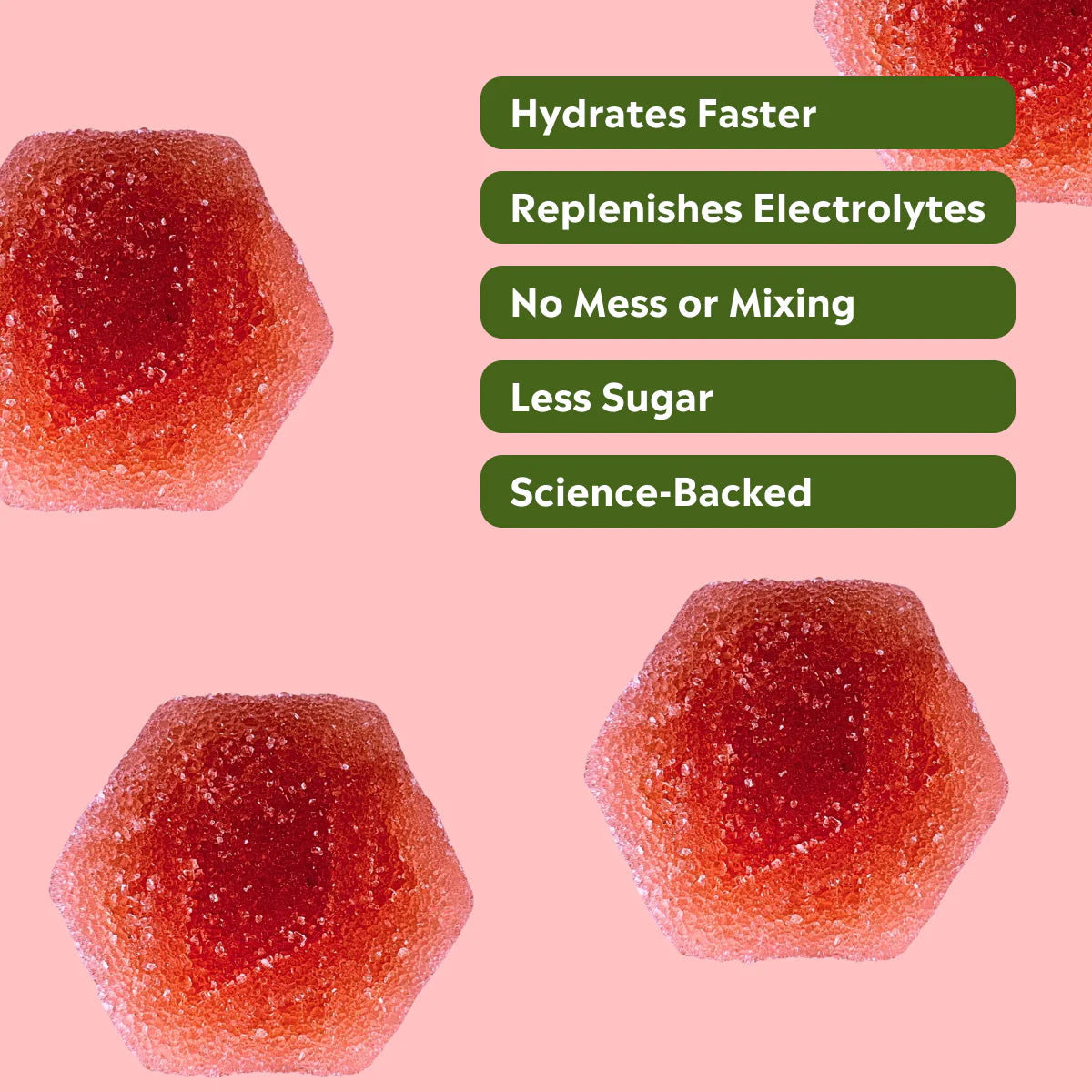 Hexagonal red gummies with green text on a pink background