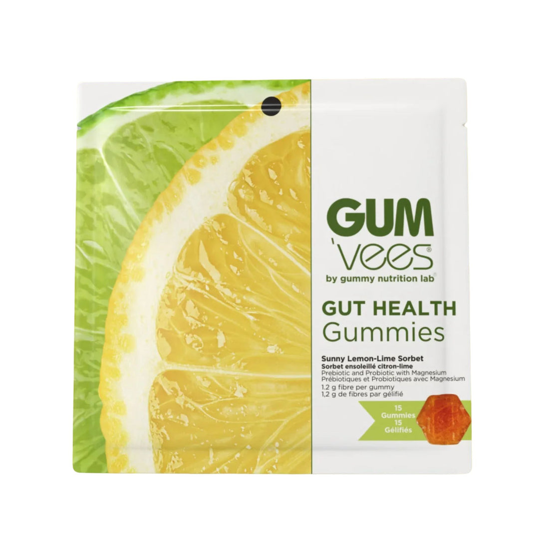 Packaging of Gumvees Gut Health Gummies with lemon and lime design on a white background