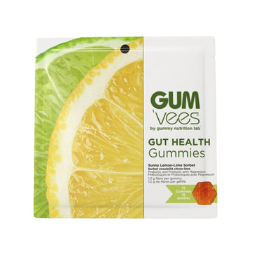 Packaging of Gumvees Gut Health Gummies with lemon and lime design on a white background