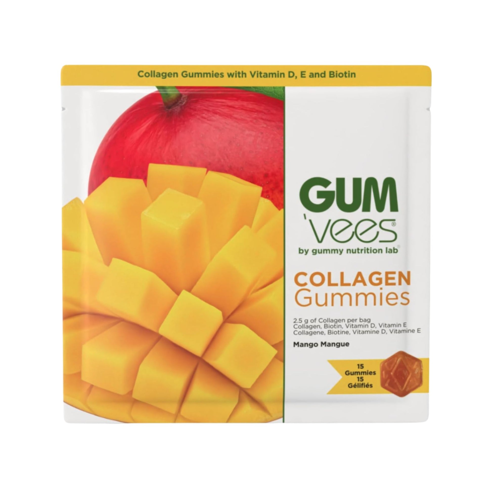 Packaging of Gumvees Collagen Gummies with a mango and gummy on a white background