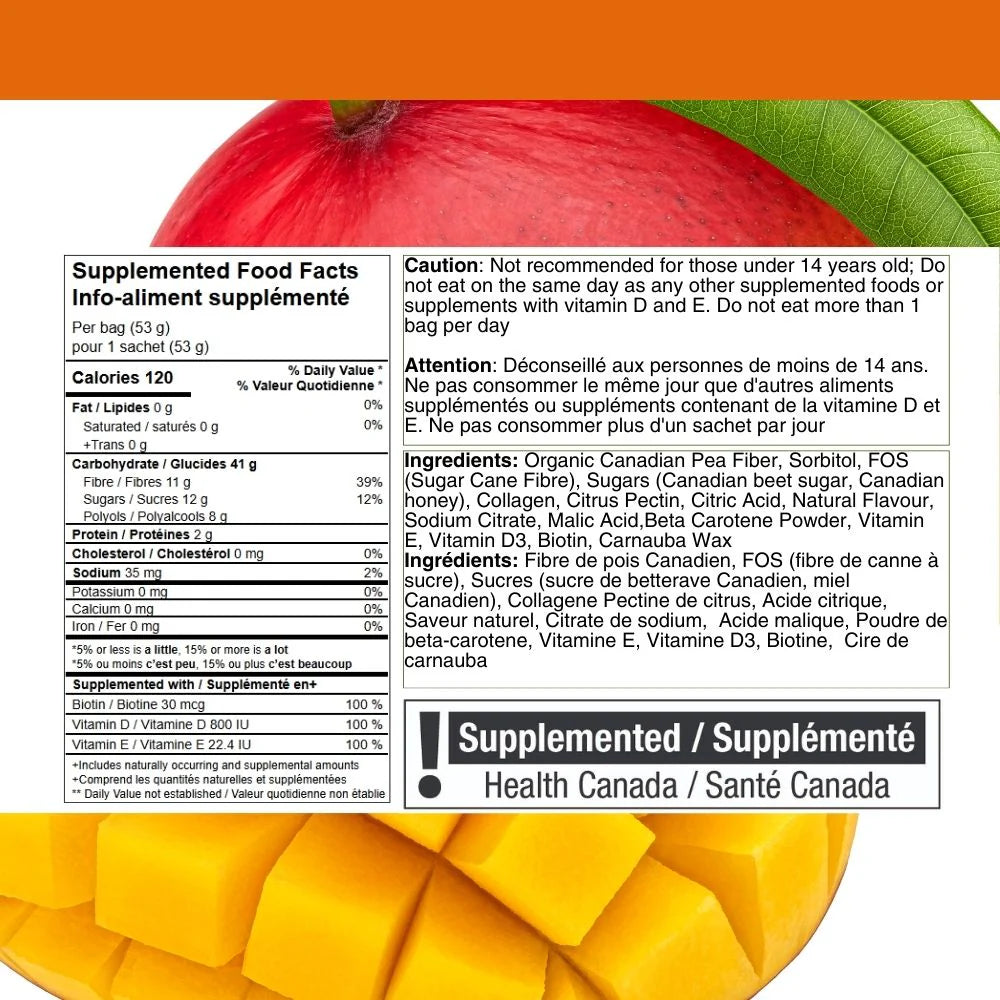 Packaging of Gumvees Collagen Gummies with a mango and gummy on a white background