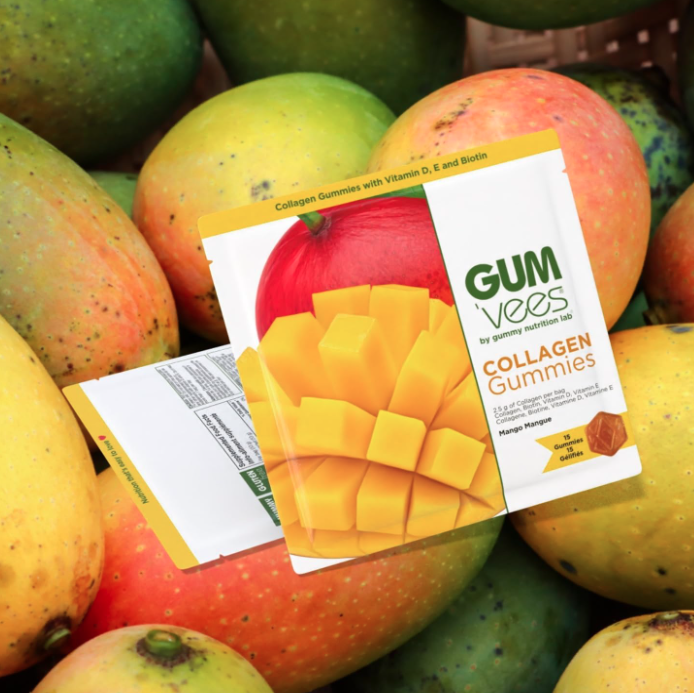 Gumvees Collagen Gummies packaging with mangoes