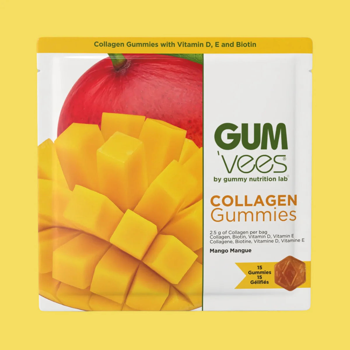 GUM'vees Mango Collagen Gummies in yellow background.