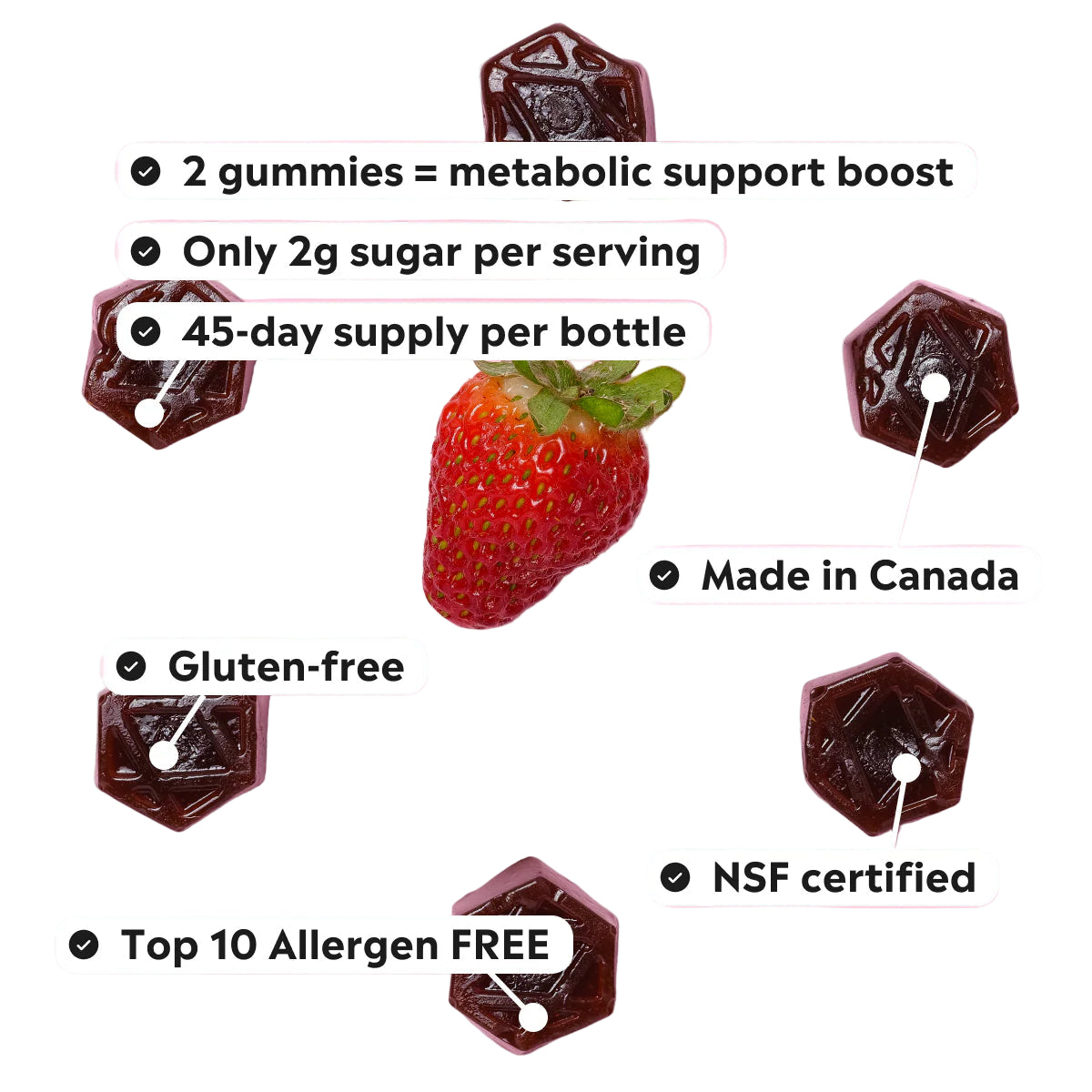 Gummies with a strawberry in the center, surrounded by text highlighting health benefits and product details.