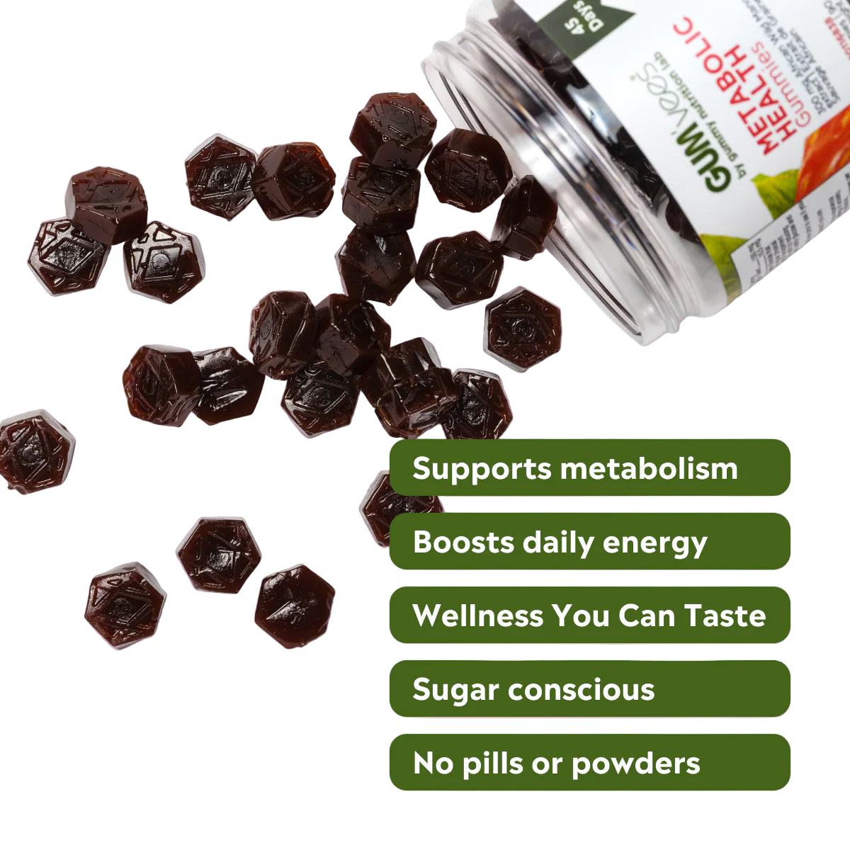 Dark-colored gummy bears with a jar on a pink background, featuring text about health benefits.