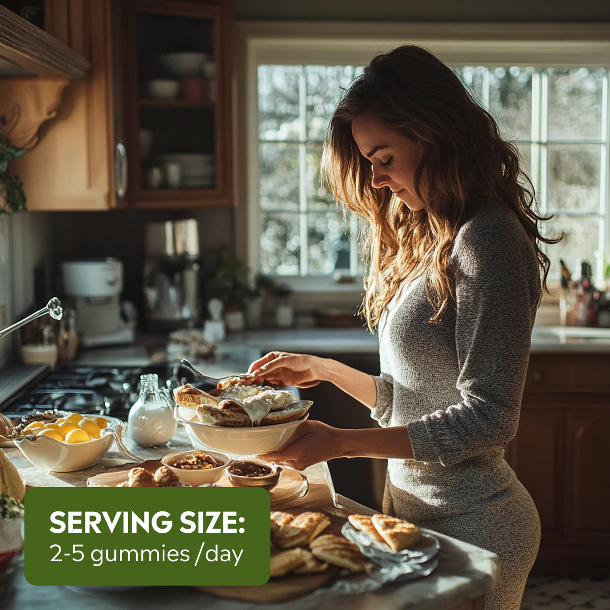 Woman in a kitchen preparing food with text about serving size.