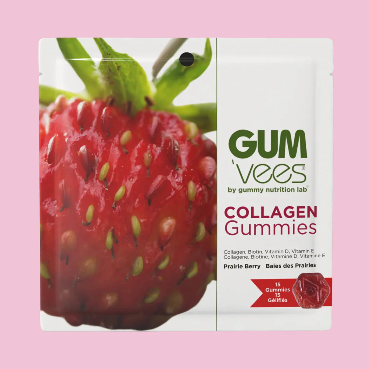Gummy Nutrition Lab Collagen Gummies packaging with a strawberry on a pink background