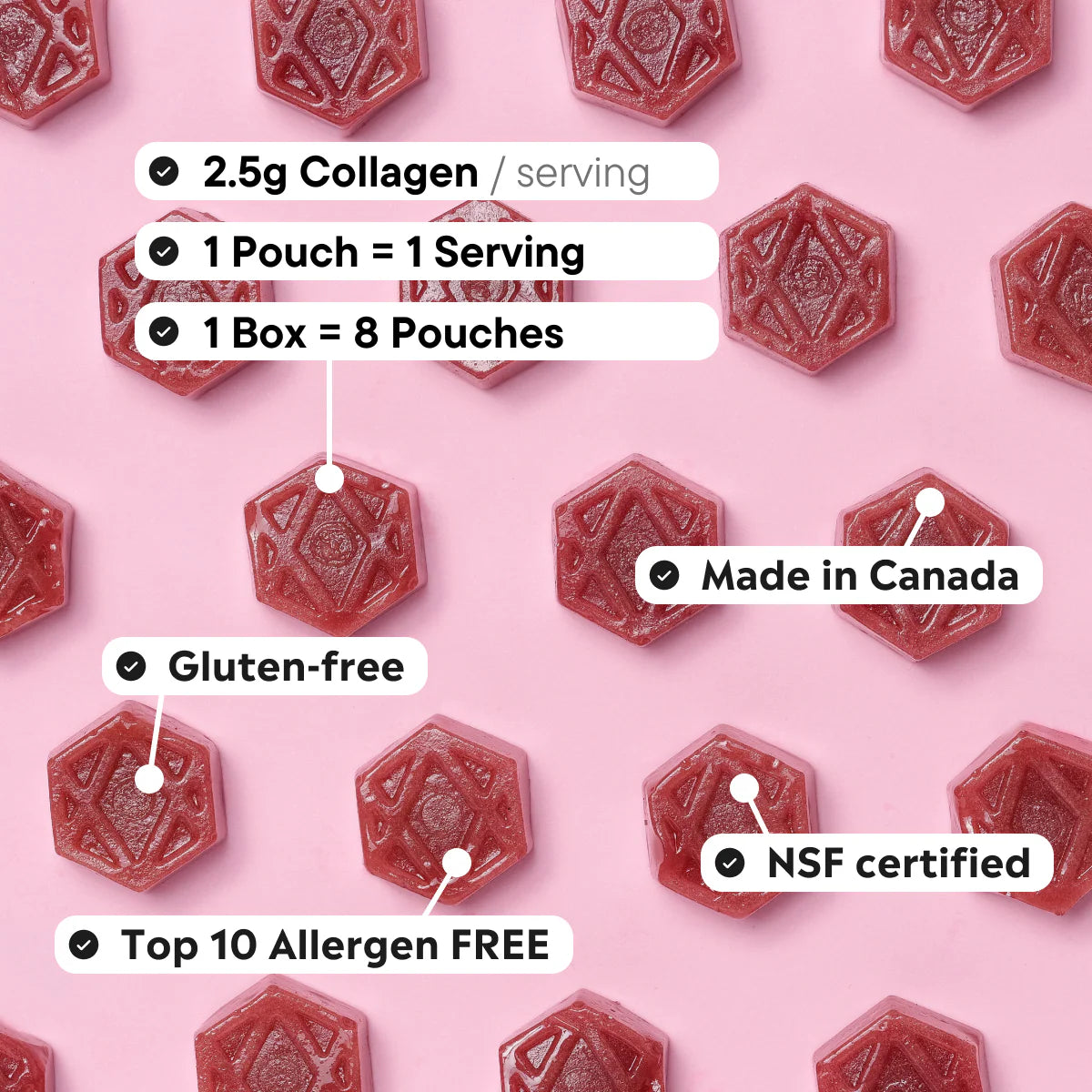 Red gummy bears on a pink background with health and product information text overlay.