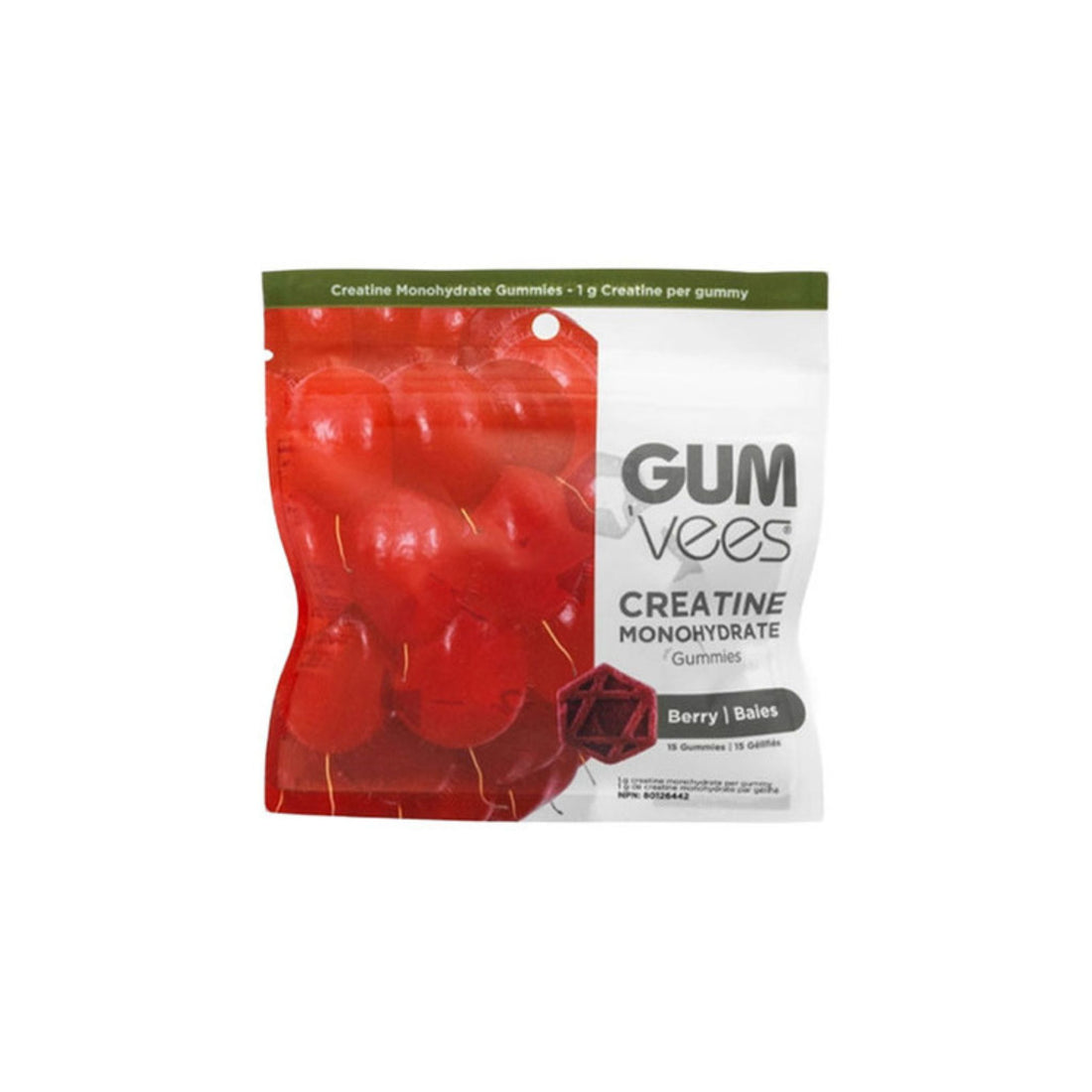 A package of GUM vees Creatine Monohydrate Gummies in Berry flavor, featuring a clear window showing red gummy candies inside a white and green resealable pouch.