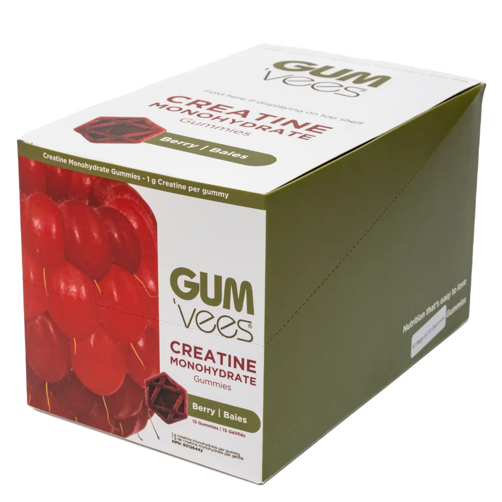 A box of GUM vees Creatine Monohydrate Gummies in Berry | Bales flavor, featuring a white and olive green packaging design with a graphic of red cherries on the front.