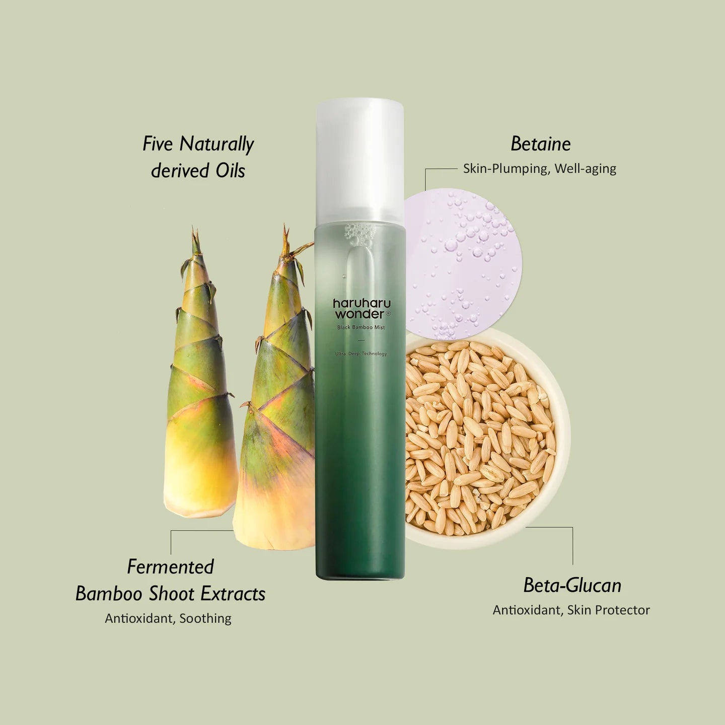 Skincare product with bamboo shoot extracts and ingredients listed on a light green background