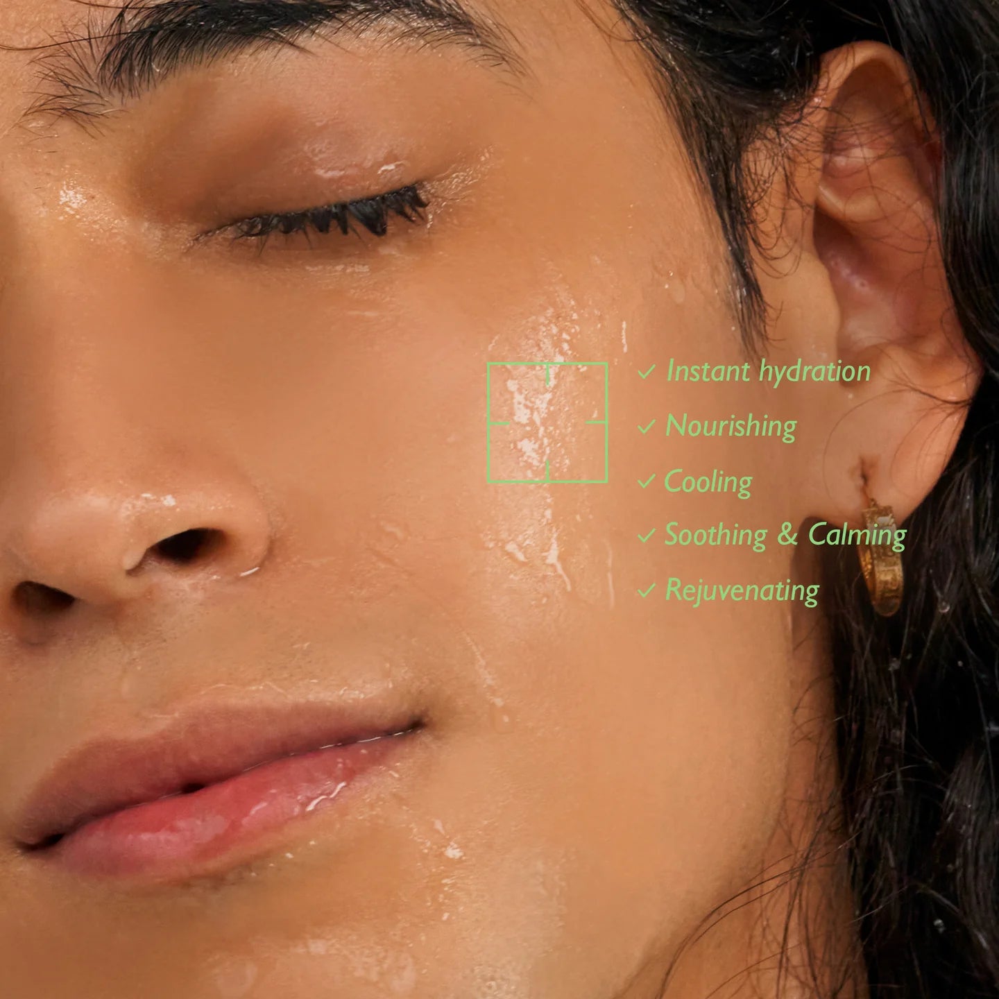 Close-up of a person's face with text indicating skincare benefits.