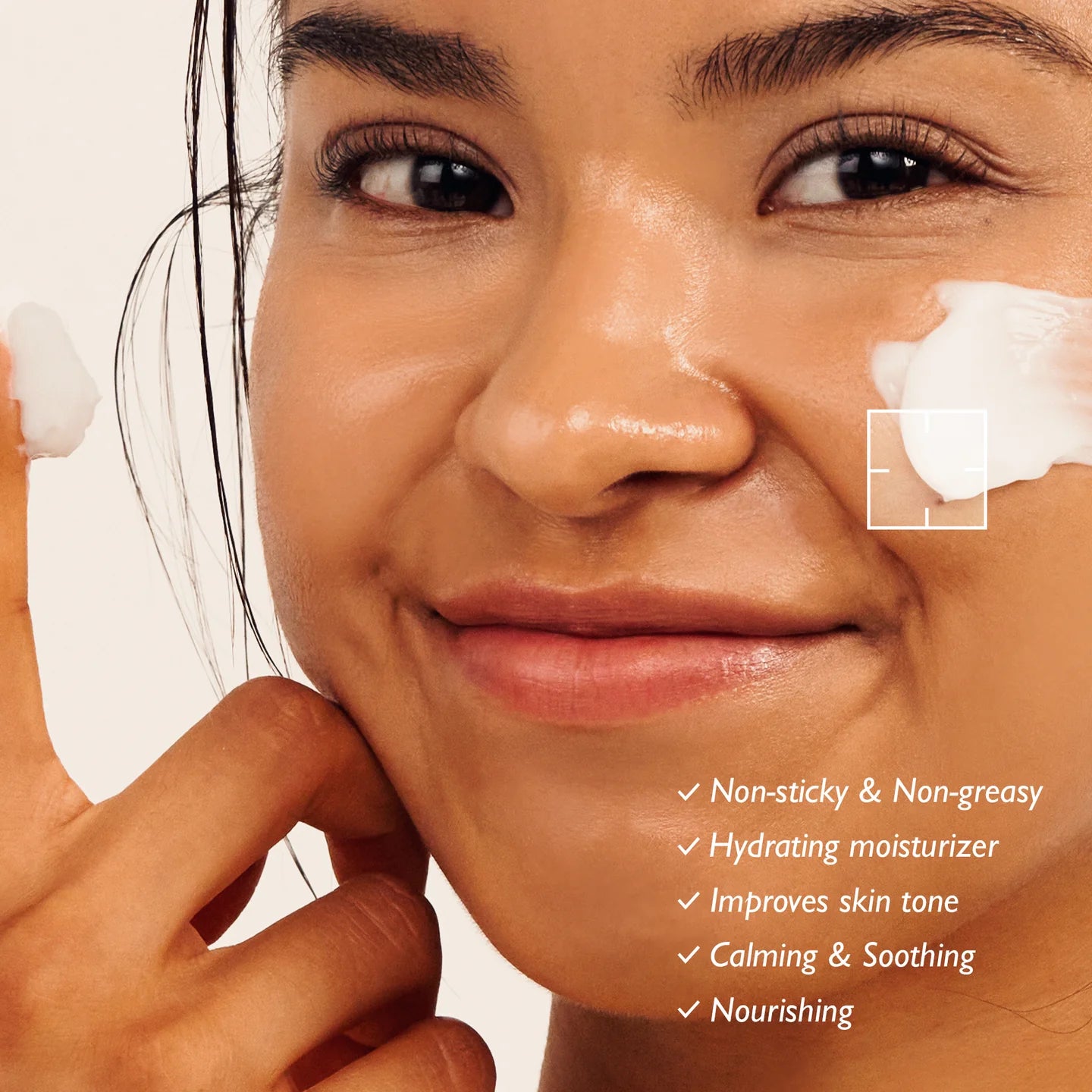 Woman applying cream to her face with text highlighting product benefits.