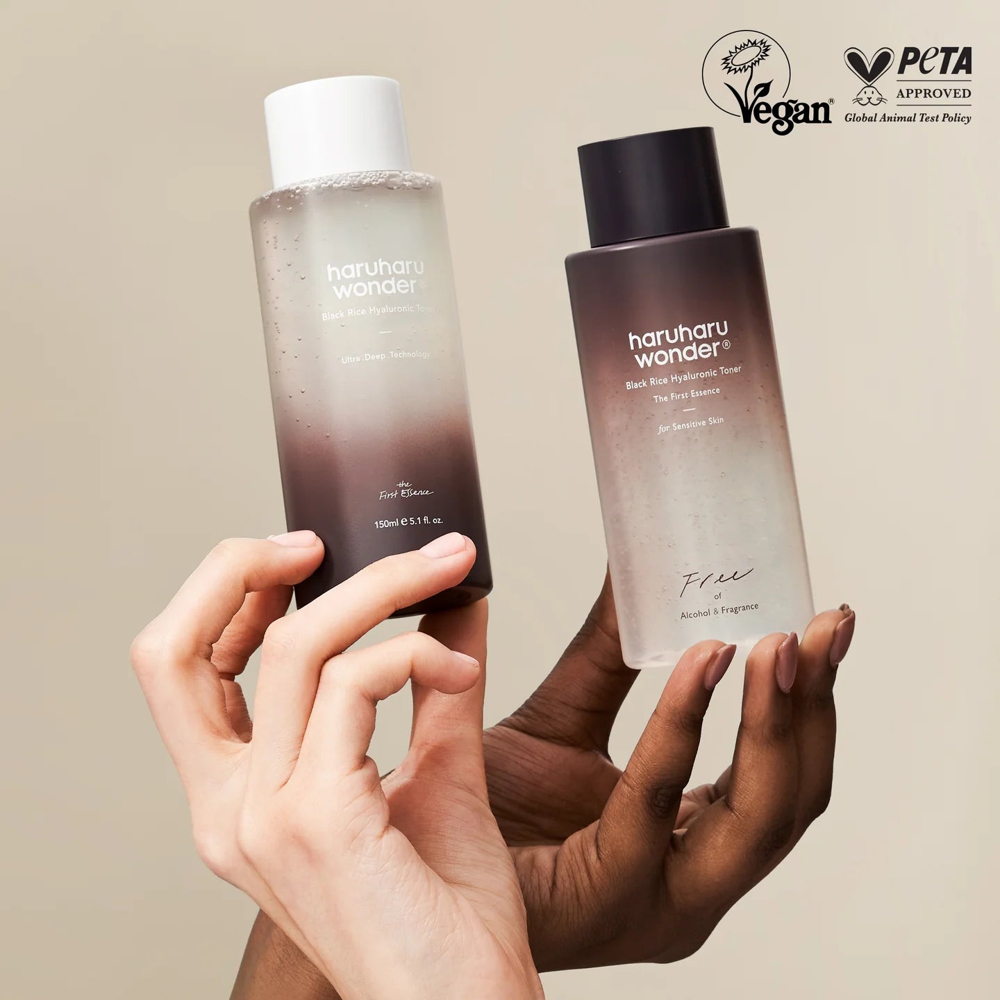 Two skincare bottles held by hands with PETA approval logos in the corner.