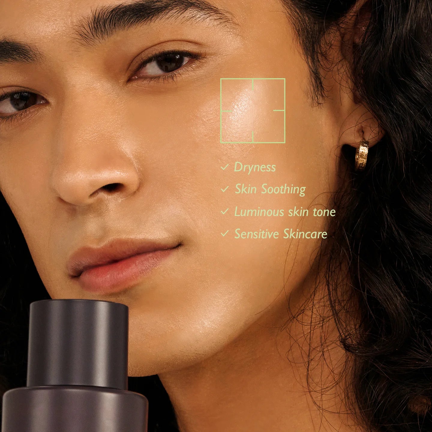 Close-up of a person's face with skincare product and text indicating benefits on a dark background