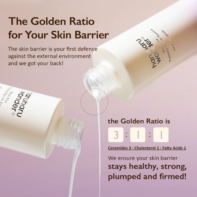 Two tubes of Wonderu skincare product with text about the skin barrier and 'The Golden Ratio' on a pink background.