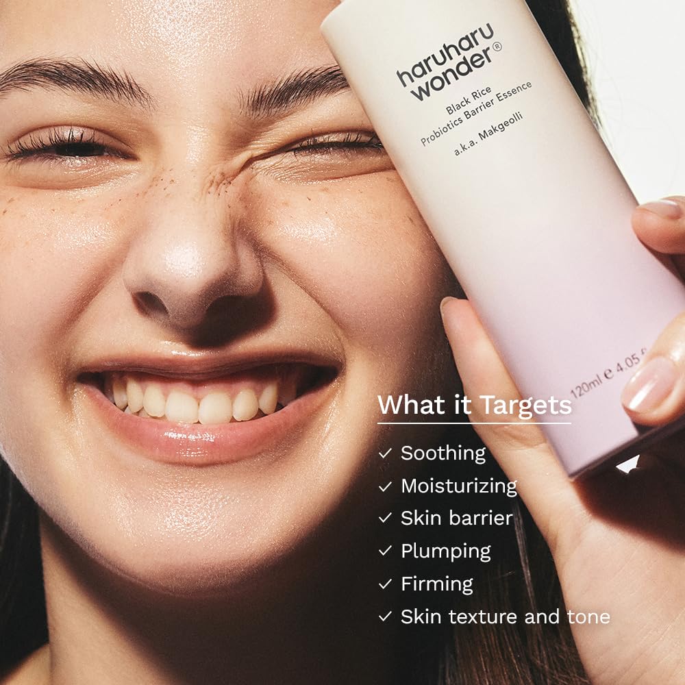 Woman applying skincare product with 'haruharu wonder' bottle, showing product features.