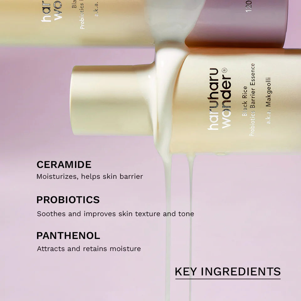 Haruhu wonder skincare product with key ingredients listed on a pink background