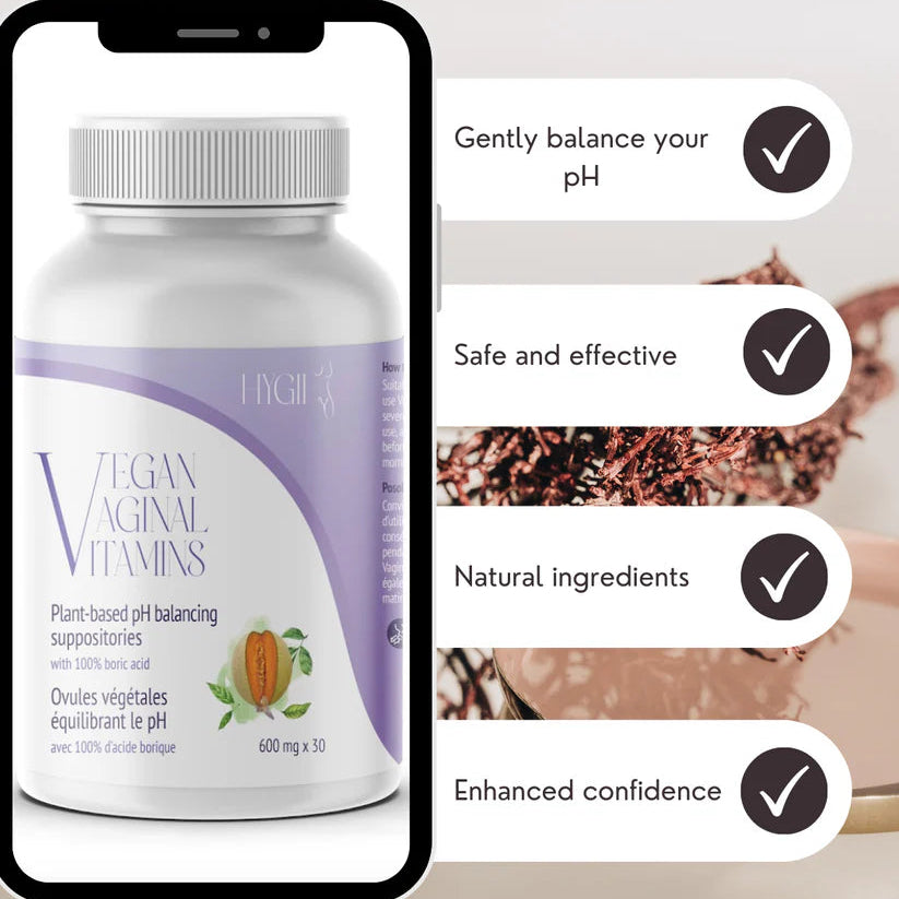 Advertisement for Vegan Vaginal Vitamins with product image and benefits listed.