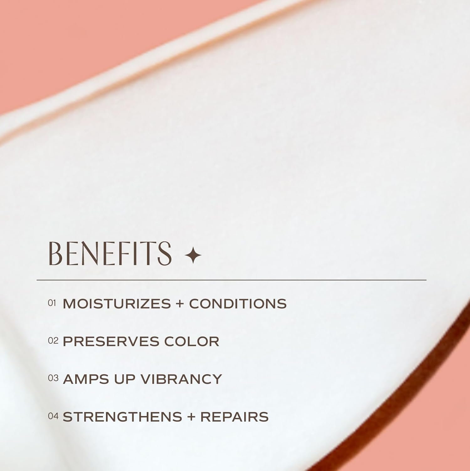 Product packaging with text listing benefits on a white and pink background
