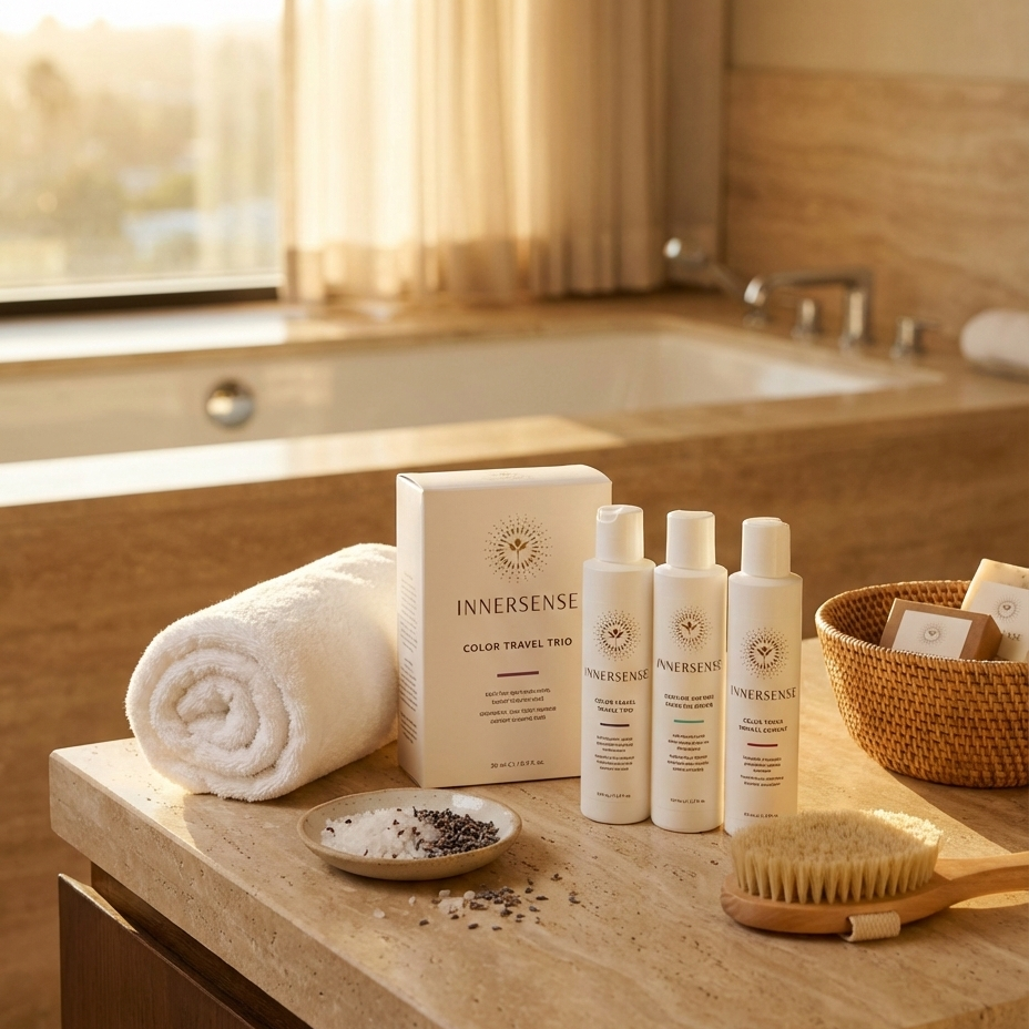 Bathroom counter with Innersense skincare products, bath towel, and bath accessories.