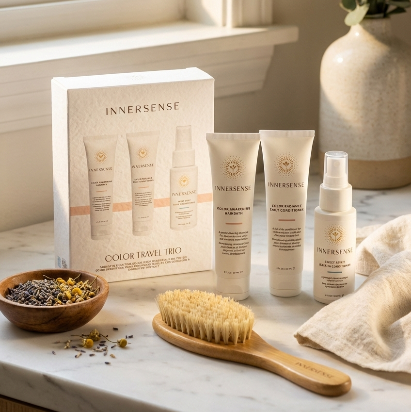 Innersense beauty products on a marble surface with a window and plant in the background